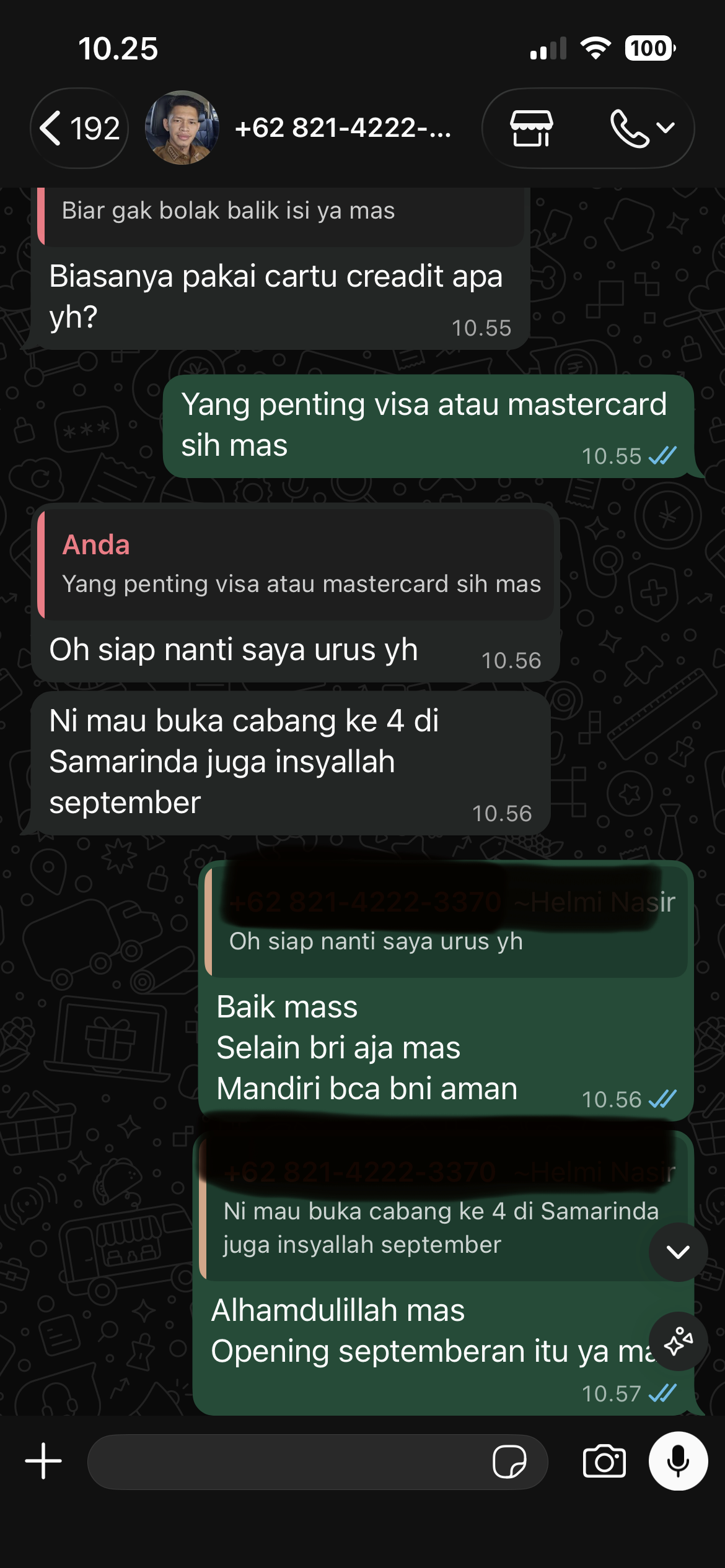 Screenshot testimoni WhatsApp klien konveksi