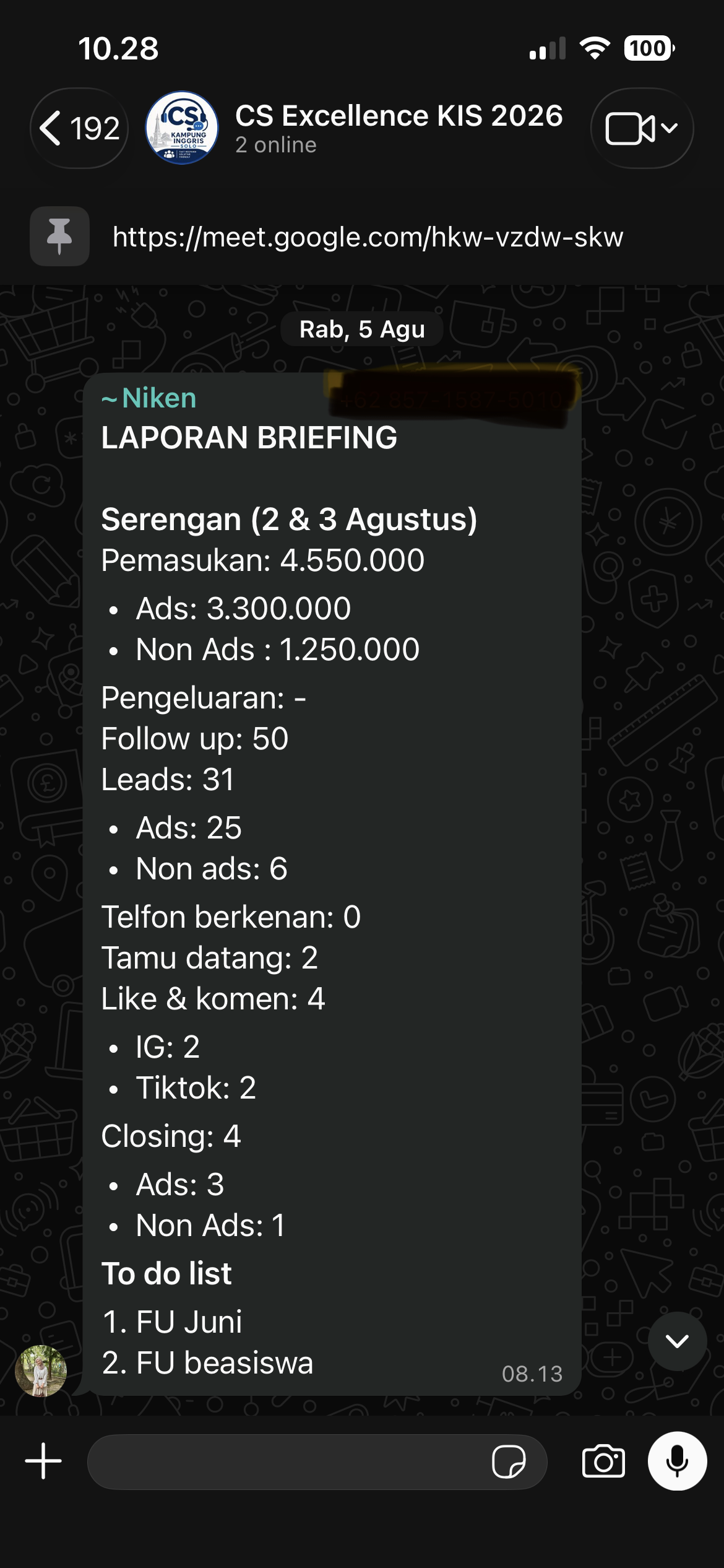 Screenshot laporan briefing dan leads klien edukasi