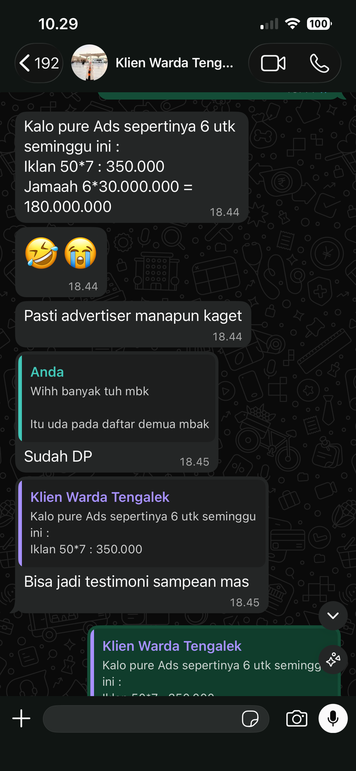 Screenshot testimoni WhatsApp klien travel umroh
